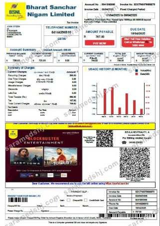 India Bharat Sanchar Nigam Limited utility bill template in Word and PDF formats, version 4